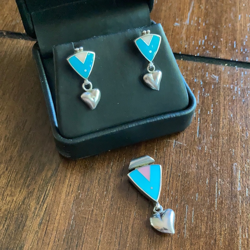 Turquoise and silver heart necklace and earrings